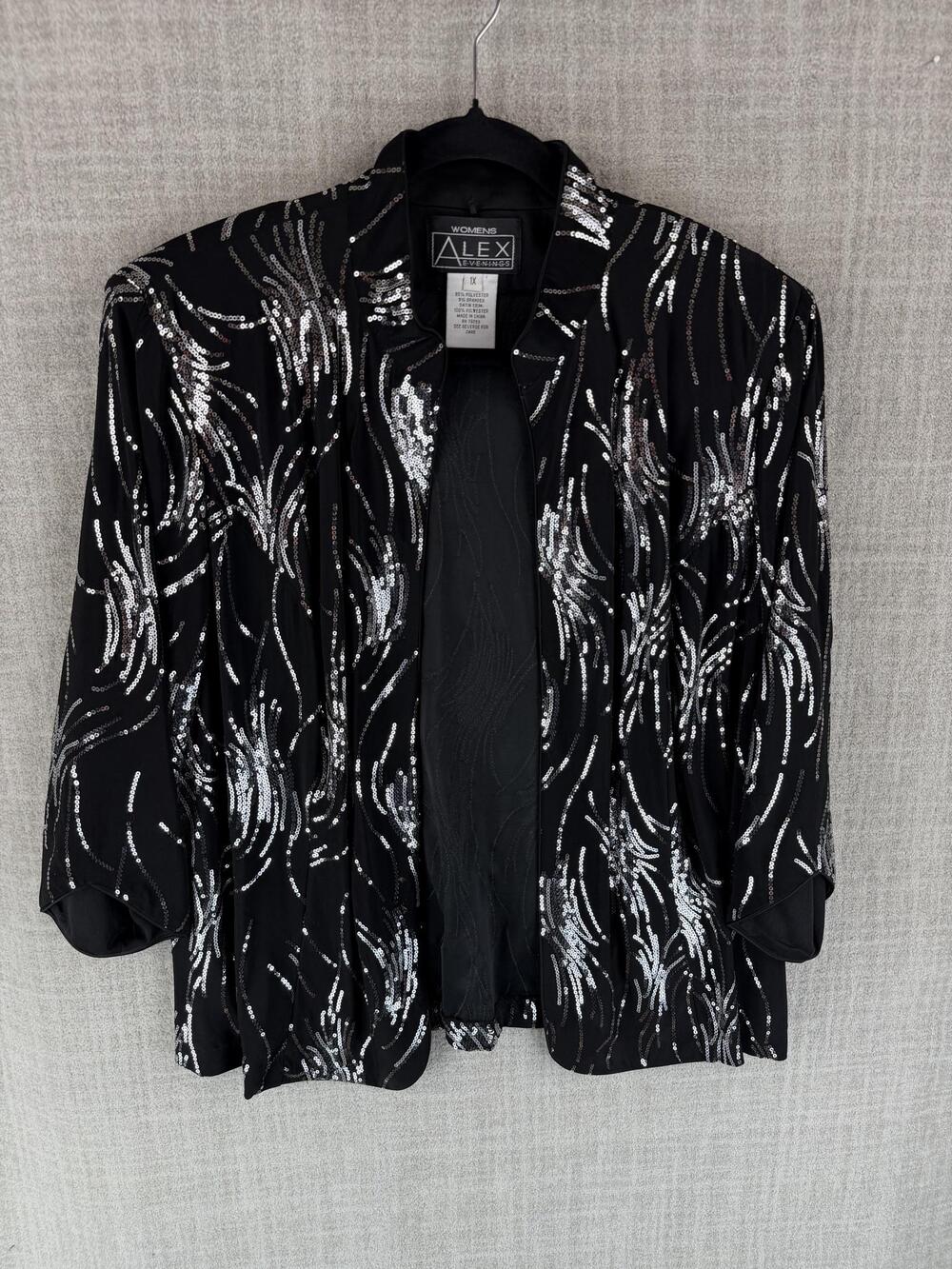 Alex Evenings Jacket Womens 1X Black Collared Lined Lightweight Sequin Snap - Picture 2 of 7